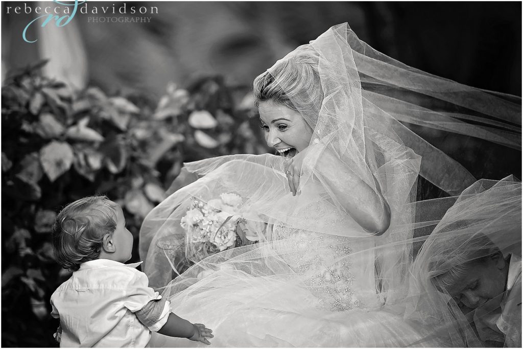 beautiful black and white of bride with veil