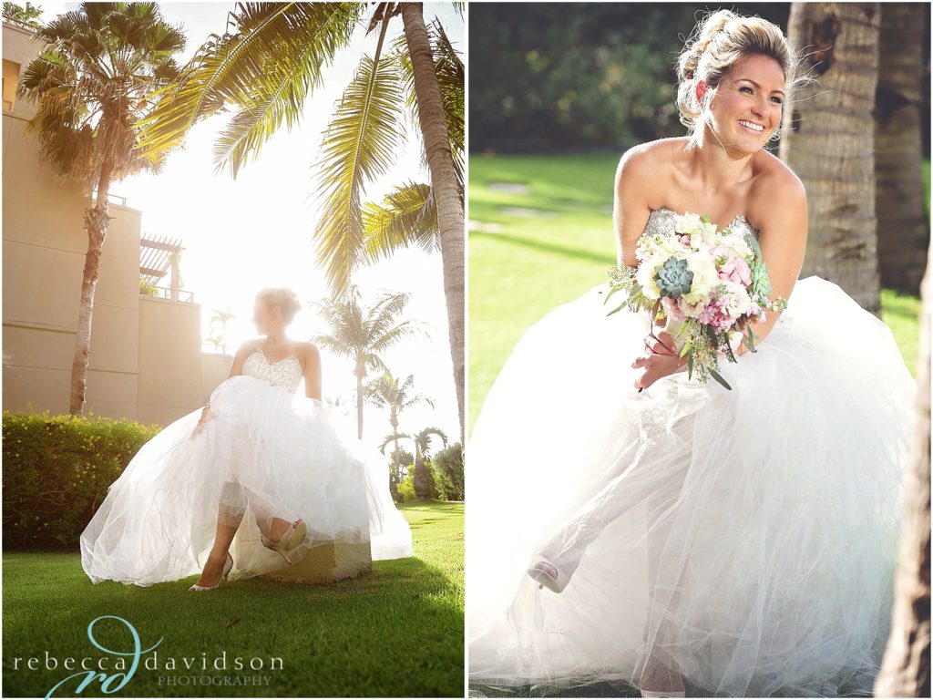 beautiful bride dress under coconut tree