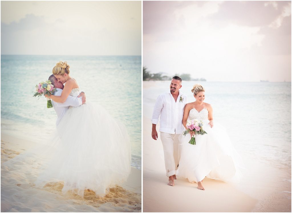 gorgeous bride and groom walking on beach
