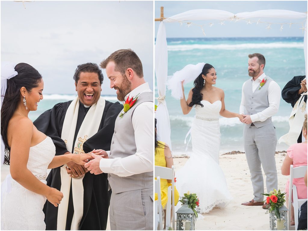 groom in all grey ceremony on beach