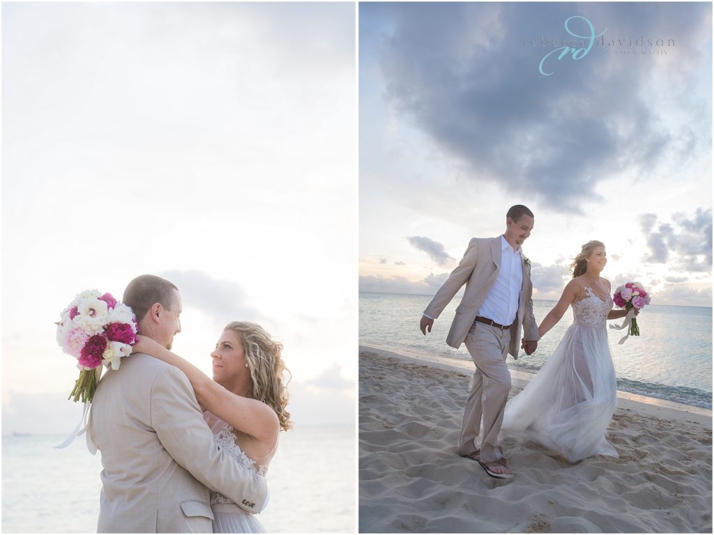 bride and groom having fun on  beach