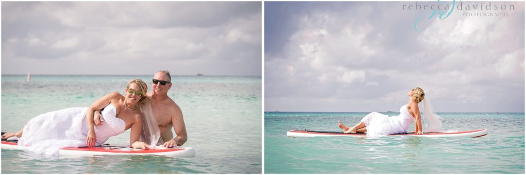 fun shots of bride on stand up paddle board