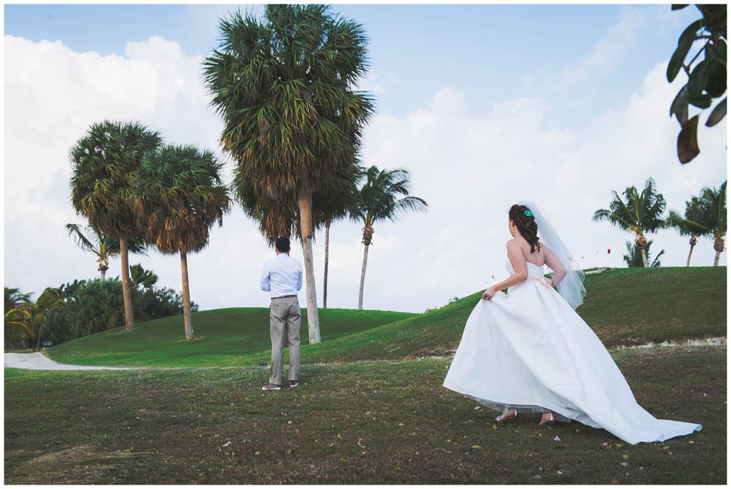 first look on golf course caribbean island wedding