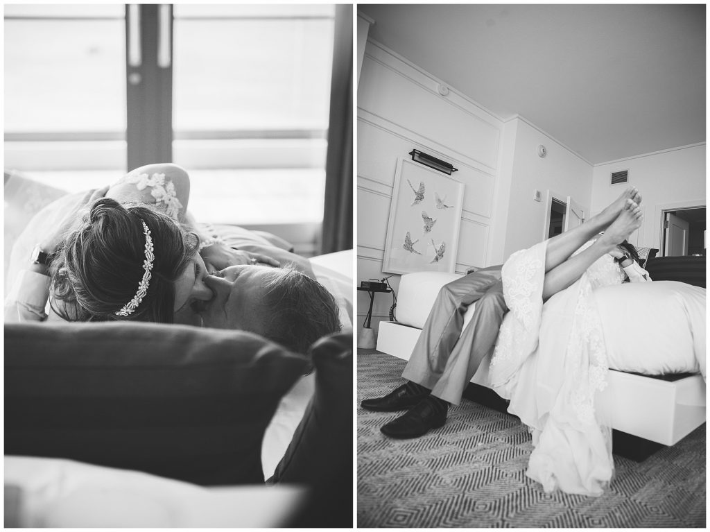 black and white groom and bride on bed snuggling fun