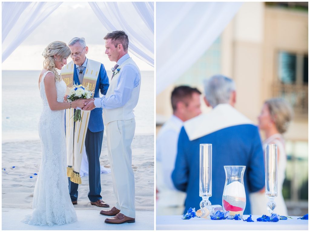 couple blue and cream beach ceremony