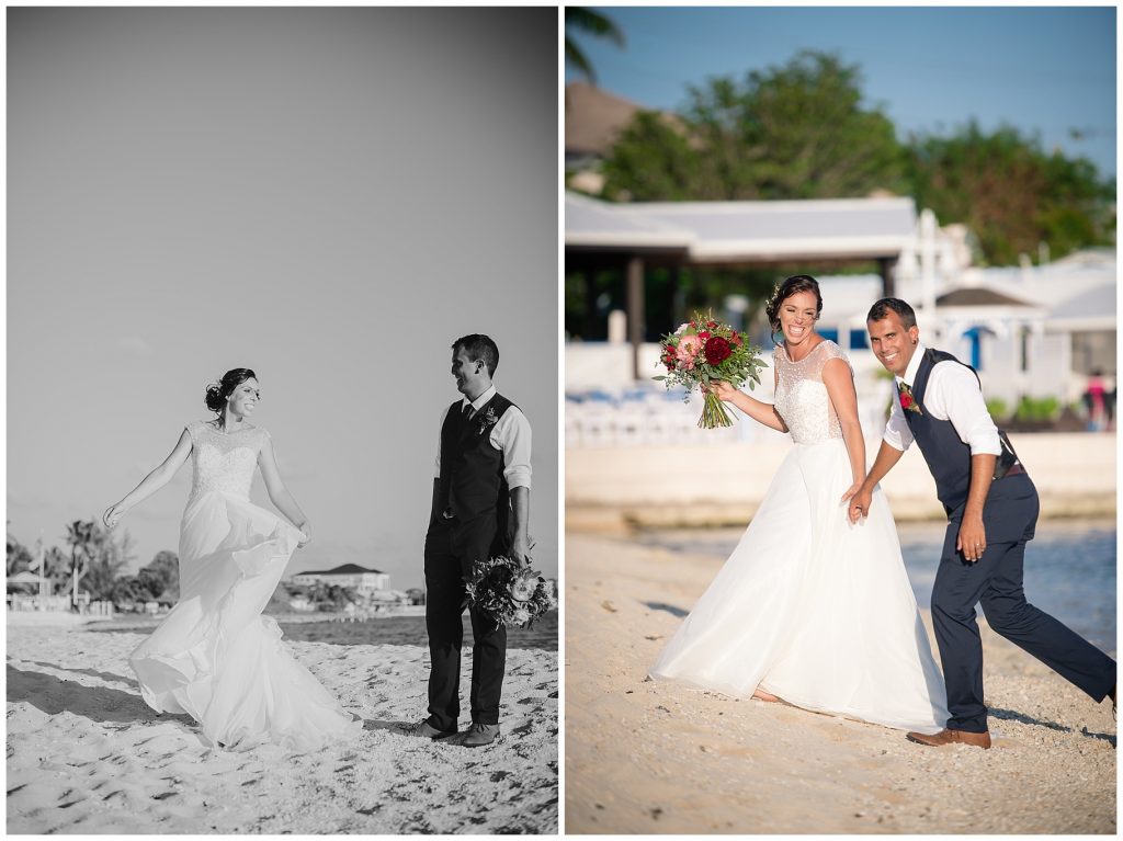 bride and groom having fun on cayman beach