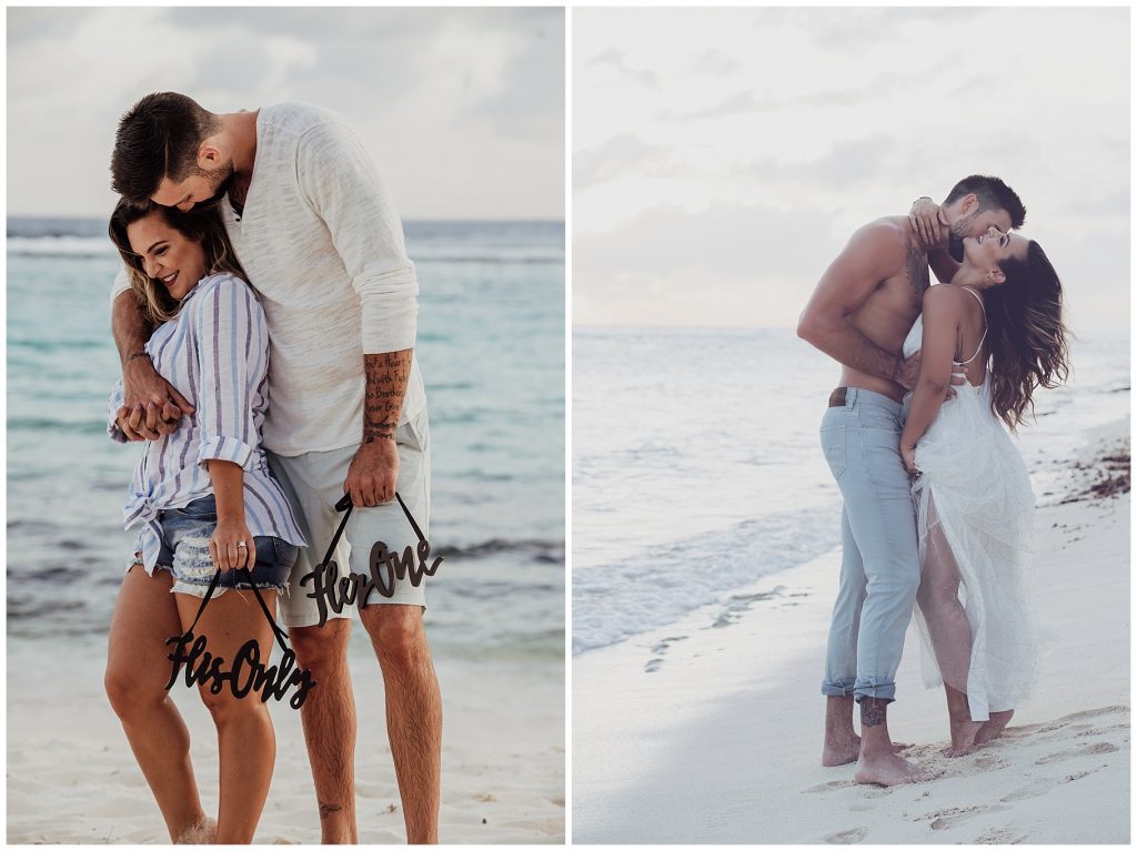 couple in jeans and white on beach