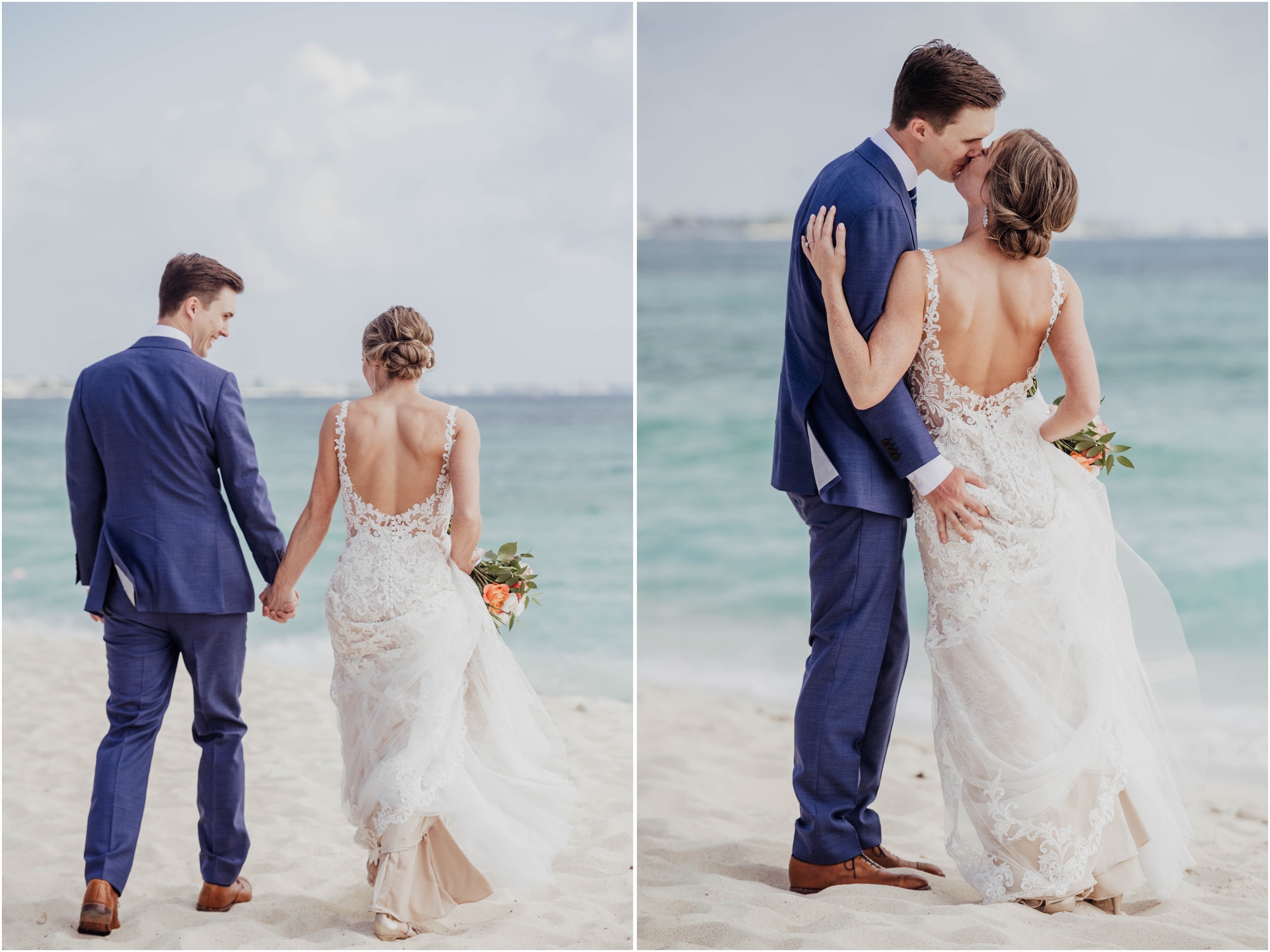 groom in navy blue suit on beach