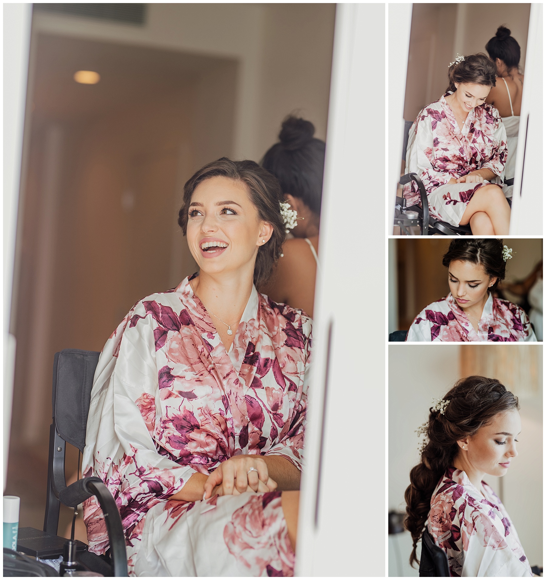 bride in personalized pink robe for wedding