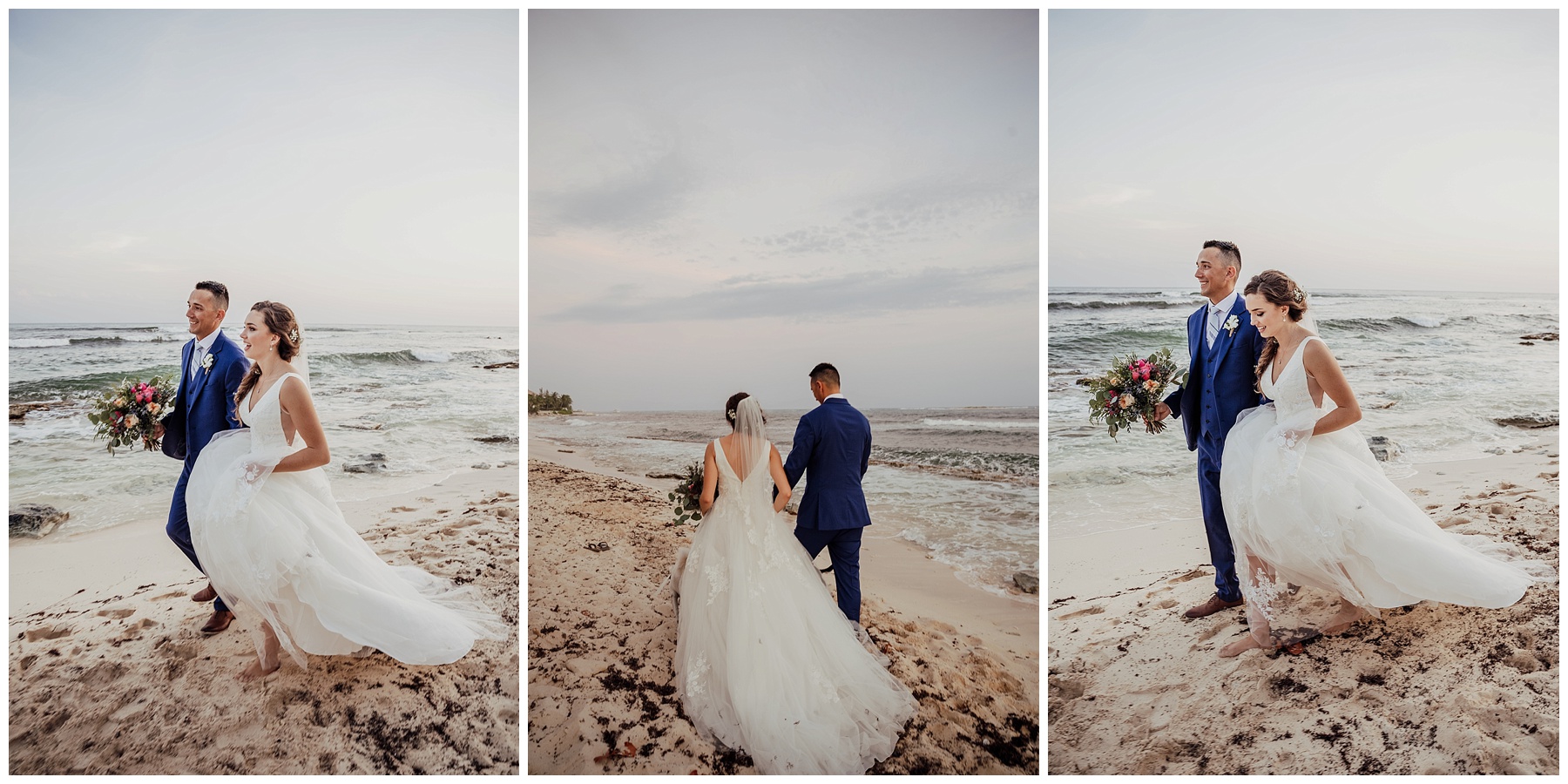 bride with boho bouquet on beach