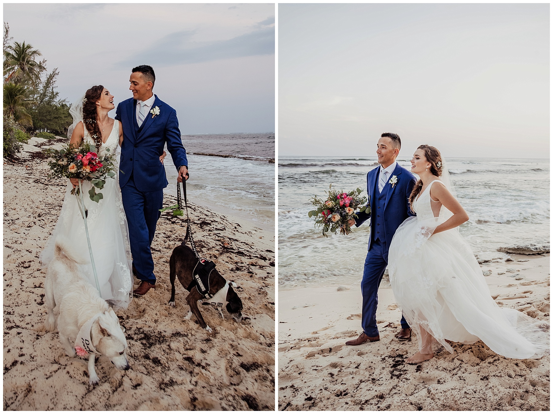 fun bride and groom on beach