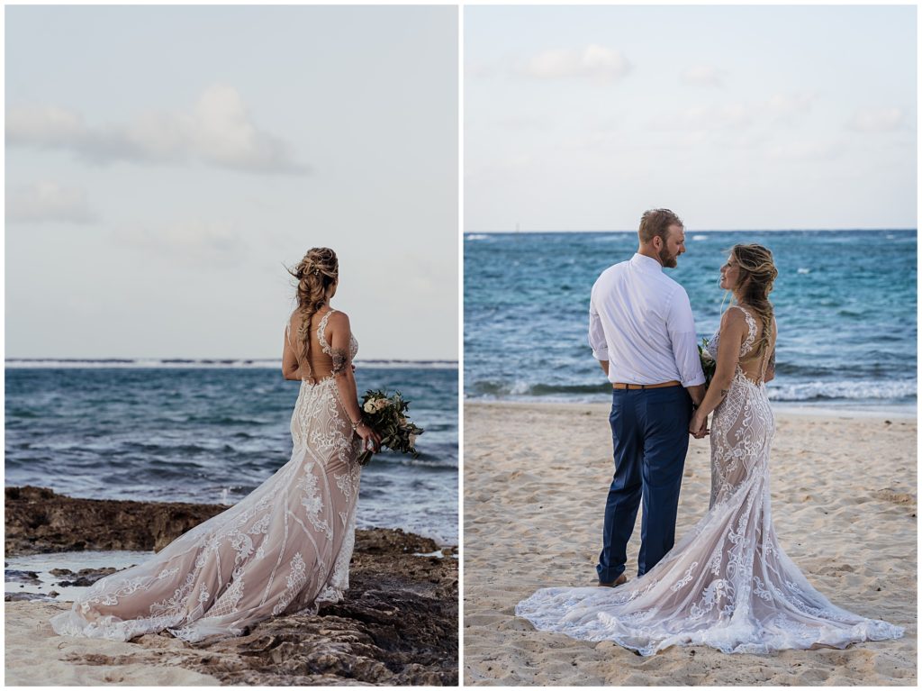 bride and groom on beach morritts
