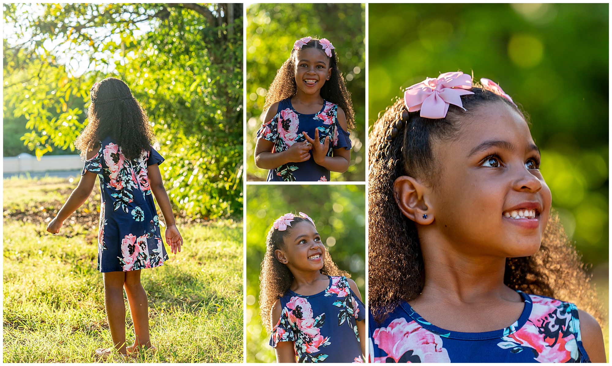 little girl in field with pink bow