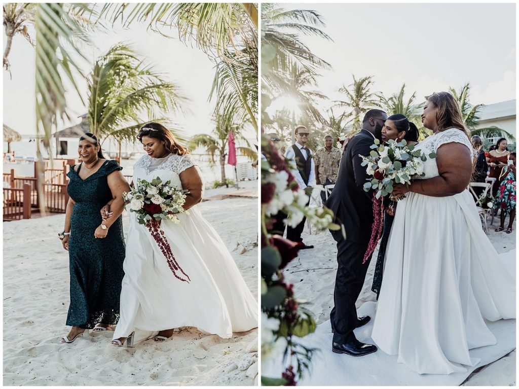 beach wedding walking down aisle