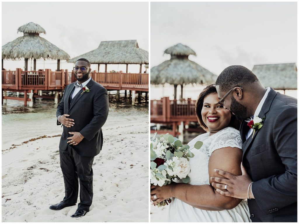 bride and groom on beach