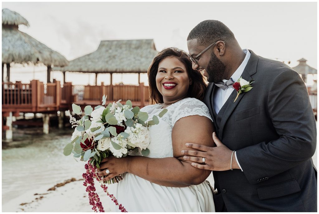 bride and groom on beach