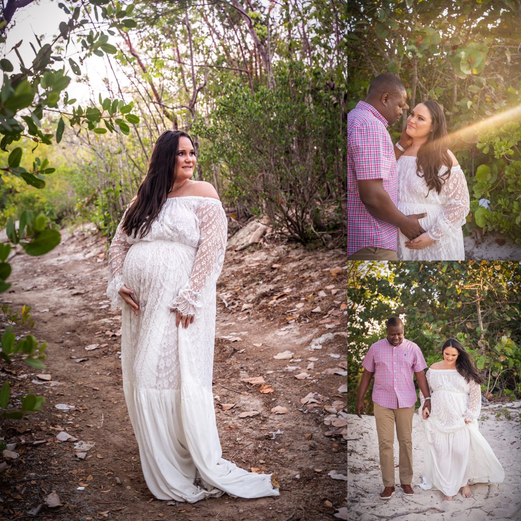 white maternity dress on beach session grand cayman