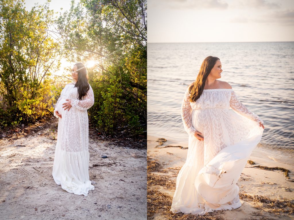 white maternity dress on beach