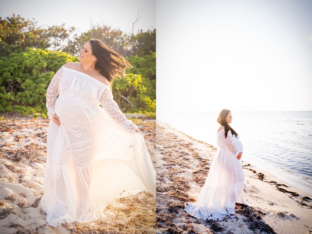 white maternity dress on beach session grand cayman