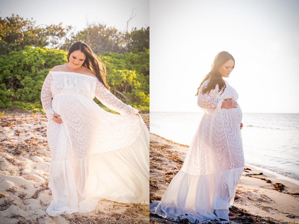 white maternity dress on beach session grand cayman