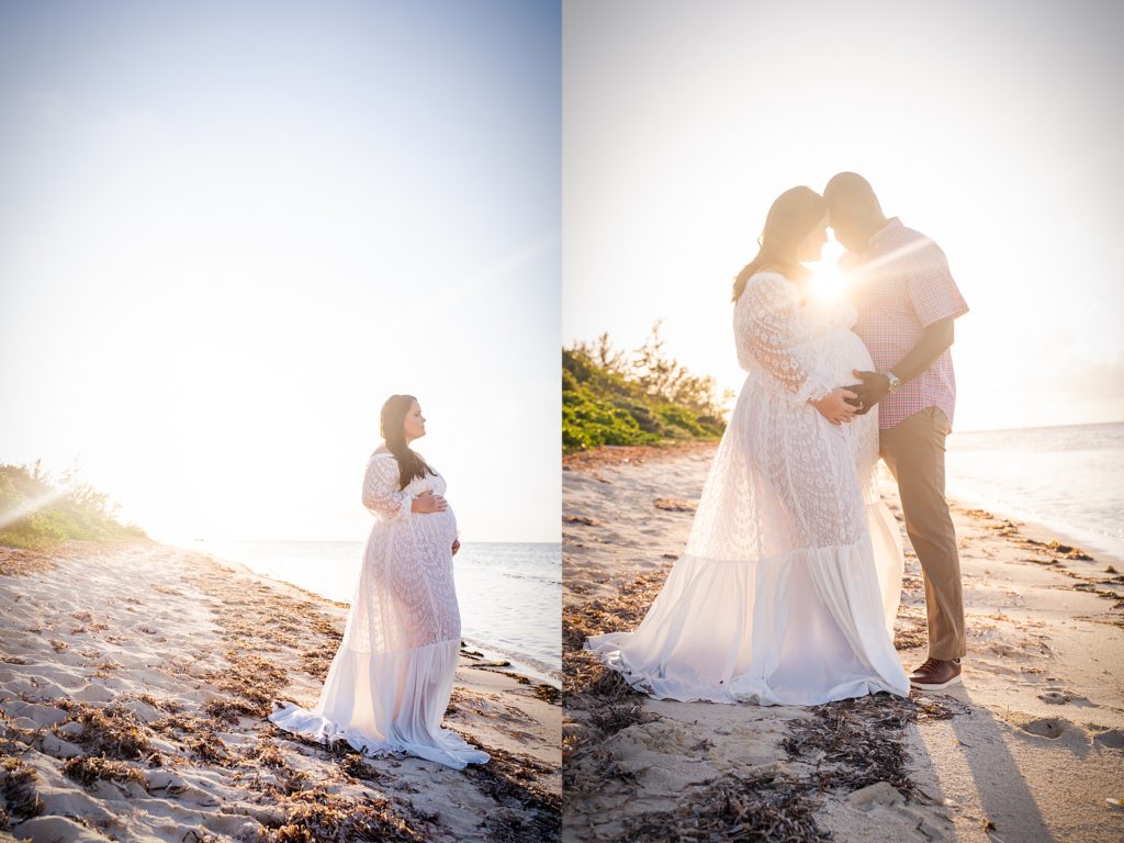 white maternity dress on beach session grand cayman